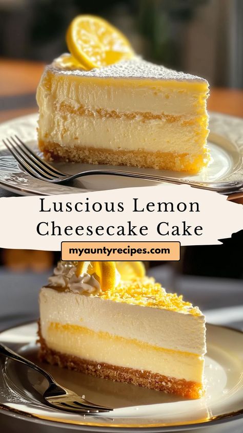 Brighten your dessert table with our Refreshing Luscious Lemon Cheesecake Cake! This delightful dessert features a zesty lemon cheesecake layered between soft, fluffy cake, creating a perfect balance of sweet and tart flavors. Ideal for summer gatherings or any occasion, this cake is a refreshing twist on traditional cheesecake. The vibrant lemon flavor will tantalize your taste buds and leave you craving more. Decorate it with fresh lemon slices and whipped cream for a stunning presentation. Lemon Cheesecake Cake, Traditional Cheesecake, Lemon Sweets, Lemon Treats, Fluffy Cake, Lemon Dessert Recipes, Cheesecake Cake, Lemon Slices, Lemon Flavor