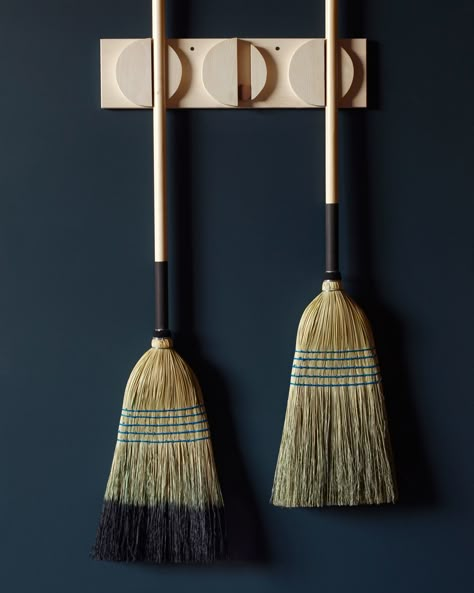 Our barn brooms are workhorses but store neatly on our triple broom holder. Wood Broom Holder, Broom Hanger Diy, Diy Broom Holder, Diy Broom, Broom Rack, Broom Storage, Broom Hanger, Broom Holder, Hanger Diy