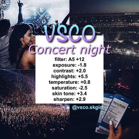 A5 Vsco Filter, Night Pictures Editing, Vsco Concert Filter, How To Edit Concert Photos, Vsco Neon Filter, Concert Filter Camera Roll, Vsco Night Filter, Edit Concert Photos, Concert Photo Editing