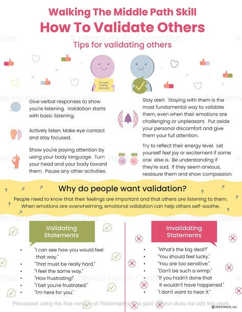 Validating Others Handout for Kids and Teens Therapy Handouts, Character Education Posters, Coping Skills Worksheets, Counselling Tools, Dbt Therapy, Anger Management Worksheets, Interpersonal Effectiveness, Cbt Worksheets, Self Esteem Worksheets