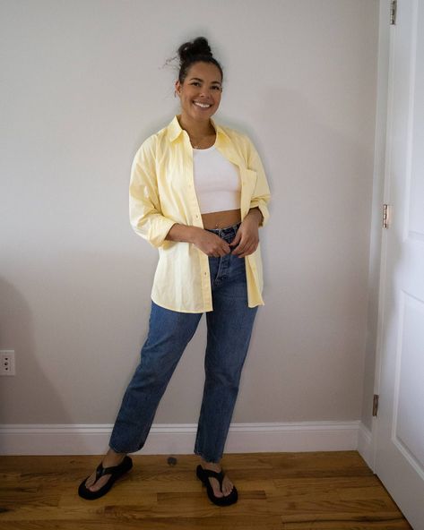 A bright button down shirt is my favorite way to add color to my spring wardobe! This yellow oversize shirt is from Abercrombie and pairs really well with cropped white tank top and dark wash dad jeans. Finish the look with funky platform flip flops and you’re ready for spring! Yellow Button Up Shirt Outfit, Neon Sweater, 2022 Outfits, White Crop Tank, White Crop Top Tank, Platform Flip Flops, Oversize Shirt, Dad Jeans, Colorful Shoes