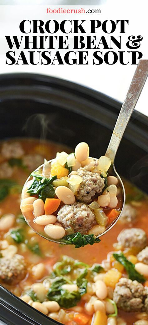 Sausage White Bean Soup Crock Pot, Crockpot Sausage And Bean Soup, Italian Sausage White Bean Soup Crockpot, Sausage And White Bean Soup Crockpot, Bean Barley Soup Crock Pot, White Bean And Sausage Soup Slow Cooker, Crockpot Tuscan White Bean Soup, Crockpot White Bean Soup Recipes, Sausage Bean Soup Crock Pot