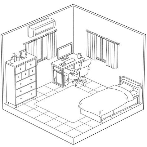 Room Decor Sketches, Drawing A Bedroom, Manga Bedroom Drawing, Simple Room Drawing Reference, Dream Bedroom Drawing, Isometric View Of Bedroom, Room Template Drawing, 3d Bedroom Drawing, Bedroom Base Drawing