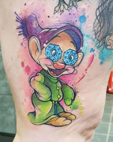 Dopey Challenge Tattoos, Dopey Tattoo Ideas, Chip And Mrs Potts Tattoo, Mrs Potts And Chip Tattoo, Disney Mashup Tattoos, Disney Tattoos Watercolor, Watercolour Disney Tattoo, Disney Watercolor Tattoo, Cute Disney Tattoos