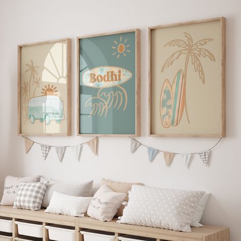 Complete your nursery with this boho surfer nursery art! Now offering art prints to match all of our custom crib bedding collections, this set includes all 3 art prints as shown (please choose your size, NO frame or mat included). You can purchase the coordinating bedding and accessories here: https://www.etsy.com/shop/modifiedtot?search_query=1019 Please note: ~We print on Kodak Lustre Endura paper, this paper provides an incredible amount of detail and smooth transition of tones as well as an Beach Boho Surf Nursery, Ocean Boho Decor, Surfer Bedroom Ideas Boys, Boho Beach Theme Bedroom, Boho Beach Nursery Boy, Surfer Toddler Room, Retro Beach Nursery, Boho Tropical Nursery, Boho Surfer Nursery