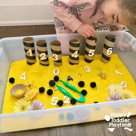 Bumble Bee Eyfs Activities, Honeybee Sensory Bin, Honey Bee Sensory Bin, Eyfs Bees Activities, Dramatic Play Bee Hive, Bee Sensory Table, Bee Week Preschool, Bee Party Activities, Bee Activity For Toddlers