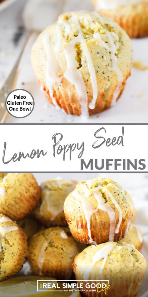 This one bowl, healthy and gluten free lemon poppy seed muffin recipe is made in just 35 minutes. These muffins are made with almond flour and tapioca flour and packed with lemon juice and zest, plus a dairy free lemon glaze on top. They are naturally sweetened with maple syrup and maple sugar. | realsimplegood.com #paleo #glutenfree #muffins #lemonpoppyseed #easy Poppy Seed Muffin Recipe, Lemon Poppy Seed Muffins Recipe, Poppyseed Muffins, Lemon Poppy Seed Muffins, Healthy Muffin, Seed Muffins, Muffins Recipes, Poppy Seed Muffins, Lemon Poppyseed Muffins