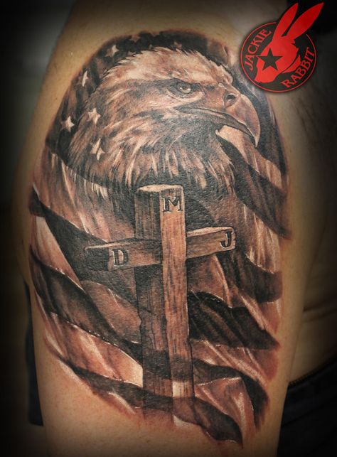 Military Sleeve Tattoo, American Flag Sleeve Tattoo, Cross Shoulder Tattoos, Eagle Wing Tattoos, Bald Eagle Tattoos, American Flag Cross, Soldier Tattoo, Patriotic Tattoos, Eagle American Flag