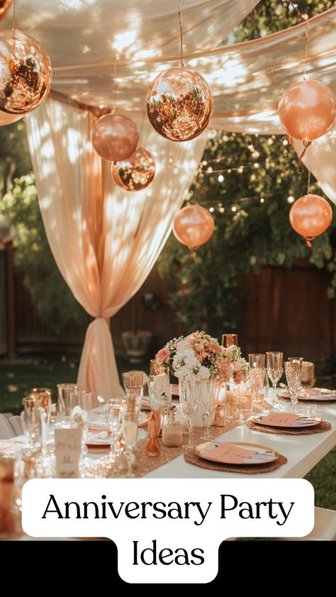 A couple celebrating their anniversary at a beautifully decorated outdoor party with personalized decorations and elegant touches, creating lasting memories with family and friends. 1st Year Anniversary Party Ideas, 20 Year Anniversary Celebration Ideas, How To Plan An Anniversary Party, 20th Anniversary Decoration Ideas, Backyard 50th Anniversary Party Ideas, 50th Anniversary Party Ideas Decoration Classy, 20th Anniversary Party Ideas Decoration, Western Anniversary Party Ideas, Christmas Anniversary Ideas