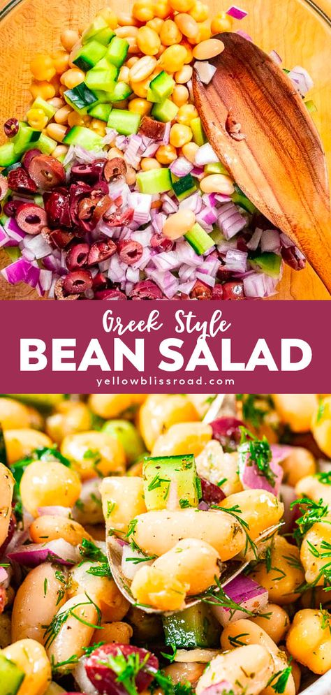 This easy Greek-style bean salad is super simple and packed with both flavor and gorgeous color.  Serve it with warm pita chips for a perfect appetizer idea! 3 Bean Salad Recipe, Simple Salad Dressing, Easy Vinaigrette, 3 Bean Salad, Zucchini Crisps, Crispy Baked Chicken Thighs, Blanching Green Beans, Greek Vinaigrette, Summer Food Party