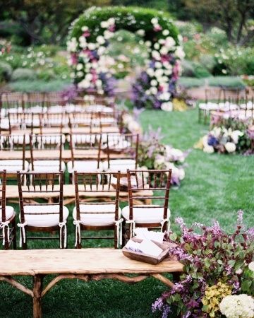 Enchanting Garden Ceremony in Purple and Green | Jose Villa Photography Wedding Aisle Outdoor, Wedding Arch Rustic, Ceremony Chairs, Spring Wedding Decorations, Aisle Flowers, Wedding Aisle Decorations, Ceremony Seating, Martha Stewart Weddings, Rustic Outdoor