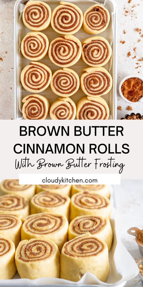 Brown Butter Cinnamon Rolls, Cinnamon Rolls Puff Pastry, Brioche Recipes, Butter Cinnamon Rolls, Brown Butter Cream Cheese Frosting, Brown Butter Cream Cheese, Cloudy Kitchen, Butter Cream Cheese Frosting, Brioche Recipe