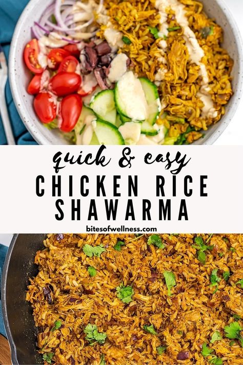 Chicken Shawarma with Rice is quick, easy and packed with flavor. Made with leftover chicken and rice, this healthy chicken shawarma can be served in bowls, over salad or in pita. Gluten free, dairy free and ready in just 10 minutes. Swarma Chicken Shawarma Sides, Halal Chicken Salad, Greek Bowl Chicken, Chicken Shawarma Meal, Shawarma Chicken Bowls, Sharma Chicken Bowls, Chicken Shawarma With Rice, Chicken Shawarma Side Dishes, Chicken Shawarma Meal Prep