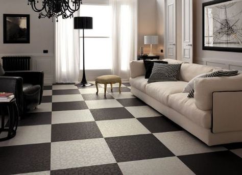 I have long dreamed of having a chess themed living room.  This is a good start. White Tile Floor Living Room, Black And White Tile Floor, Black And White Flooring, Fancy Living Rooms, Black And White Tile, Checkered Floor, Floor Living Room, Tiles Living Room, Tile Floor Living Room