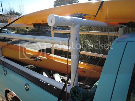 Hobie Forums • View topic - PVC Kayak Rack for small truck. Kayak Rack Diy, Kayak Rack For Truck, Tent Camping Beds, Diy Truck Bedding, Canoe Rack, Kayak Bass Fishing, Kayak Roof Rack, Wooden Kayak, Kayak Storage Rack