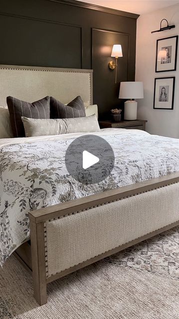 Chelsea Zutavern on Instagram: "Primary Bedroom Refresh!✨ 
I absolutely love how this came together! I took down the shiplap (felt heavy) and added these precut wall moldings. I decided to paint everything Urban Bronze by SW. I  looked at beds for months (literally) and finally decided on this solid wood, upholstered bed. I LOVE it! The wood tone, fabric color, everything is so pretty and the quality is outstanding!! The gold sconces come with a rechargeable battery (not hard wired!) Finally the rug pulls it all together!😍 It’s the Lila Medallion Brown from @boutiquerugs . 
.✨Comment “Bedroom” and I will send you all the links!
.
What do you think!?
.
.
#primarybedroom #bedroominspo #bedroomrenovation #bedroomrefresh #homedecor #homeinterior #bedroommakeover #urbanbronzesherwinwilliams #m Urban Bronze Bedroom, Blessed Ranch, Wood Upholstered Bed, Bronze Bedroom, Urban Bronze, Gold Sconces, Cabin Bedroom, Bedroom Renovation, Primary Bedroom