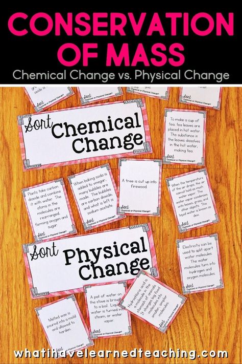 Fifth grade science stations for conservation of mass include experiments, videos, games and hands-on science activities for your classroom. Students investigate dissolvable solids, diagram whether mass is added or subtracted, read about how things change and stay the same, model adding parts, sort chemical change or physical change and explore mass. These engaging science stations meet the 5th grade NGSS. Fifth Grade Science, Mass Worksheet, Chemical Change, Physical Science Lessons, Conservation Of Mass, Science Lessons Elementary, Chemical And Physical Changes, Teacher Tricks, Life Science Activities