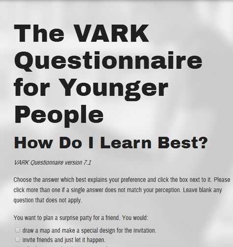 The VARK Questionnaire for Younger People | VARK - Learning style quiz - Ages 8 to 14 Vark Learning Style, Learning Styles Activities, Learning Style Quiz, Learning Style Inventory, Youth Work, Self Advocacy, Learning Style, Teaching Style, Learning Styles