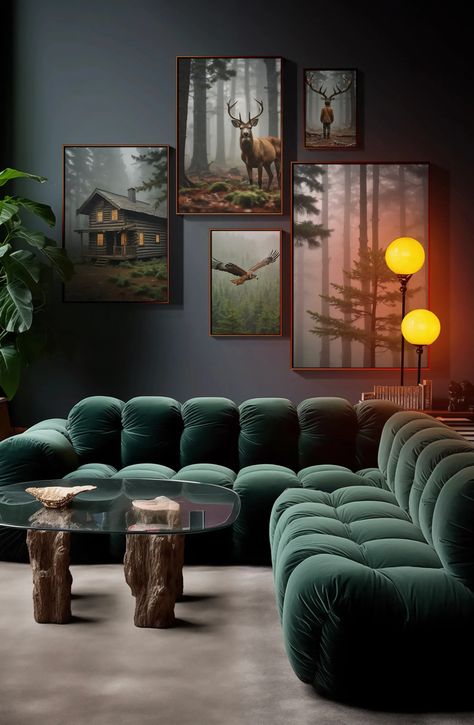 This art mood perfectly fits this dark green couch and makes those accent lights pop! Play with AI art in Ambie. #ambie #AIart #wallart #interiordesign Dark Green Couch, Exposed Brick Apartment, Dark Green Sofa, Green Sofa Decor, Dark Green Couches, Brick Apartment, Board Game Room, Accent Lights, Fantasy Furniture