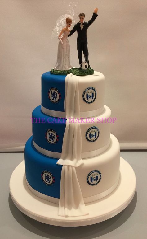 Chelsea vs Halifax Town Wedding Cake Soccer Wedding Cake, Soccer Wedding Ideas, Chelsea Football Cake, Football Wedding Cake, Soccer Wedding, Football Wedding Theme, Classic Blue Wedding, Football Wedding, Funny Wedding Cakes