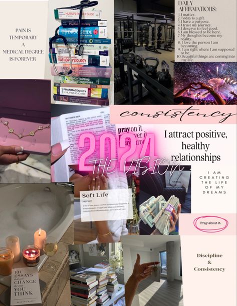 2024 Vision Board Yearly Goals #visionboard #yearlygoals #newyearnewme Lpn Vision Board, Manifestations Board, Vision Board Aesthetic, Board Collage, Vision Board Collage, 2024 Board, Girl Motivation, Vision Board Examples, Board Wallpaper