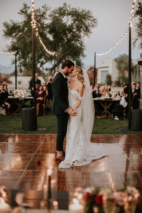 Calling This Palm Springs Wedding at The Pond Estate an Elevated Backyard Wedding is a Major Understatement | Junebug Weddings Romantic Backyard Wedding, Outdoor Dance Floors, Creative Backyard, Romantic Backyard, Backyard Wedding Dresses, Wedding Dancing, Romantic Dance, Small Backyard Wedding, Salvation Mountain