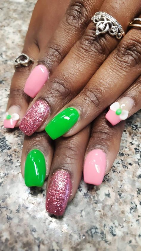 Green And Pink Gel Nails, Pink And Green Gel Nails, Aka Nails, Wicked Inspired Nails Pink And Green, Pink And Green Nails Acrylic, Neon Pink And Green Nails Acrylic, Pink And Green Nails Aka, Pink And Green Nails Design, Popular Nail Art