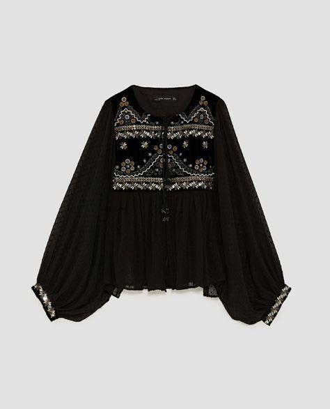 Image 8 of EMBROIDERED JACKET WITH DOTTED MESH from Zara Chic Embroidered Top By Zara, Zara Floral Embroidered Party Blouse, Chic Embroidered Zara Tops, Zara Embroidered Top, Zara Black Embroidered Tops, Womens Trendy Dresses, Iranian Women Fashion, Kurta Designs Women, Anime Dress