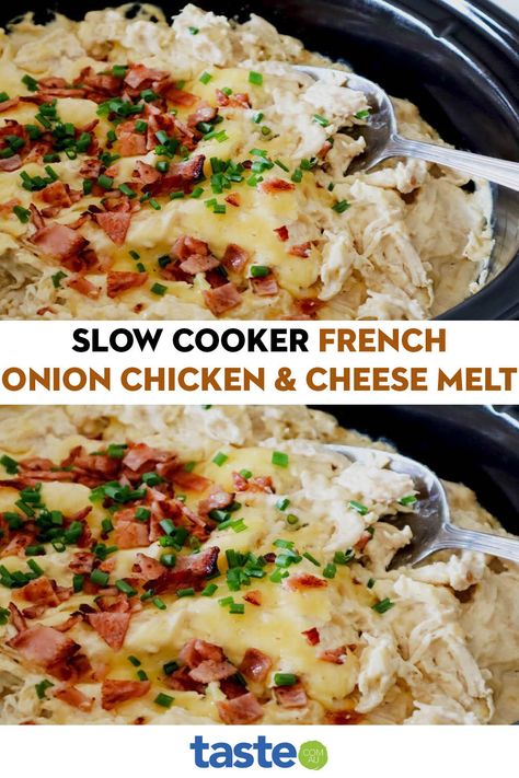 Slow Cooker French Onion Chicken, Crockpot Creamy French Onion Chicken, French Onion Chicken Casserole Crockpot, Slow Cooker French Wine And Mustard Chicken, French’s Onion Baked Chicken, Stuffed Chicken Breast Cream Cheese, Cheese Melt, Toasted Baguette, Chicken Melts