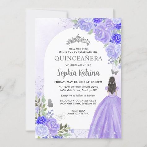 $2.65 | Floral Purple Violet Princess Birthday Quinceanera - quinceañera, mis quince quinceanera, purple violet, faux silver gray glitter sparkle, 15th birthday xv anos, princess gown dress tiara crown, miss quince mexican, elegant modern girly vintage glam, watercolor, floral Invitations Quinceanera, Quinceañera Invitation, 16th Birthday Invitations, Quinceanera Party, Princess Tiara, Quinceanera Invitations, Elegant Baby, Sweet 16 Birthday, Vintage Glam