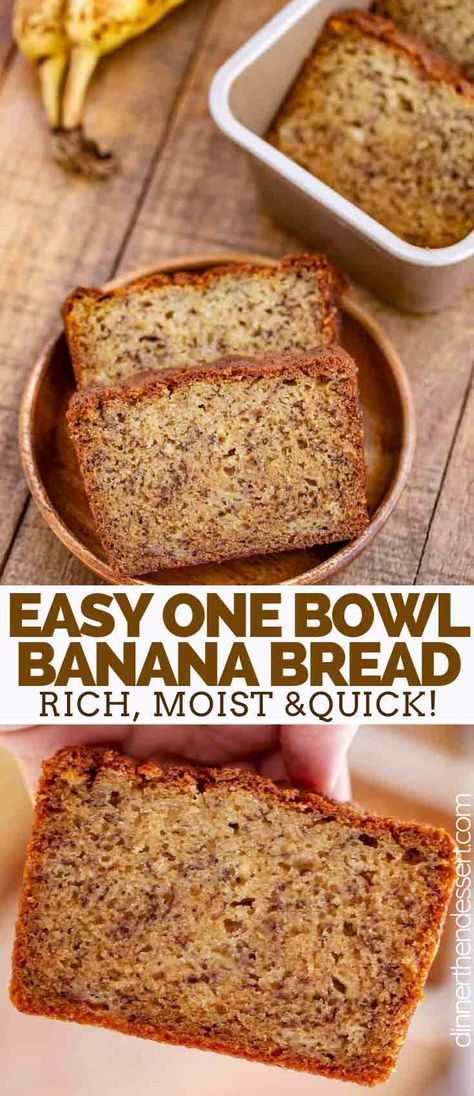 Easy Banana Bread made with ripe bananas and sour cream is the PERFECT combo of moist and fluffy, and ready in only 60 minutes! #banana #bananabread #dessert #bread #baking #dinnerthendessert Banana Bread With Ripe Bananas, One Egg Banana Bread, Easy Banana Bread 2 Bananas, 2 Banana Banana Bread, Banana Bread Made With Sour Cream, Banana Bread With 2 Bananas Easy, Easy Almond Flour Banana Bread, Bread Flour Banana Bread, What To Do With 2 Ripe Bananas