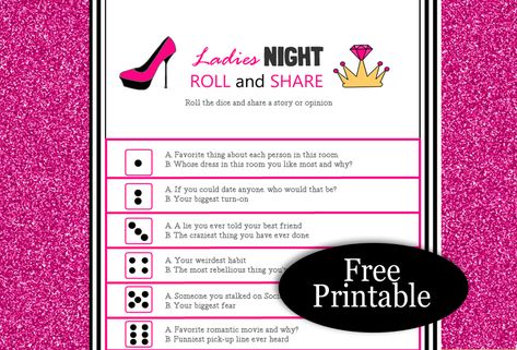 Roll and Share, a Free Printable Game for Ladies’ Night Kid Holiday Games, Games For Ladies Night, Housewarming Party Games, Ladies Night Games, Anniversary Party Games, Games For Ladies, Graduation Games, Girls Party Games, Office Party Games