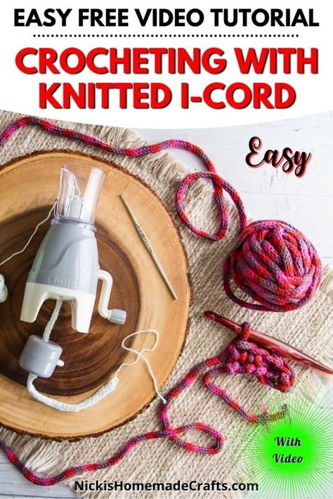 Learn how to make a knitted I-Cord using a Tulip I-Cord Machine and then crochet with the I-cord to make rugs, coasters, bags, potholders, and other free crochet patterns. Crochet I Cord, Crochet Machine, Knitting Machine Tutorial, Beginner Crochet Tutorial, Step By Step Crochet, I Cord, Crochet Goodies, Metallic Yarn, Crochet Videos Tutorials