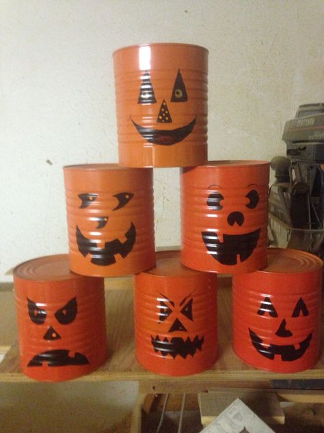 Pumpkin bowling set of 6 tin cans Pumpkin Bowling, Painted Tin Cans, Scarecrow Festival, Carnival Ideas, Harvest Party, Tin Can Crafts, Pumpkin Party, Tin Cans, Craft Day