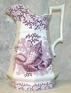 England Year: 1830 - 1840 transfer ware wash stand pitcher, in purple transfer in "Seaweed" pattern. Purple Transferware, Antique Purple Collectible Jewelry, Antique Sterling Silver Hallmarked Amethyst Ring, Antique Pitcher And Bowl Set, Water Pitcher And Bowl Vintage, Wash Stand, Vintage Pitchers, Water Pitchers, Antique China