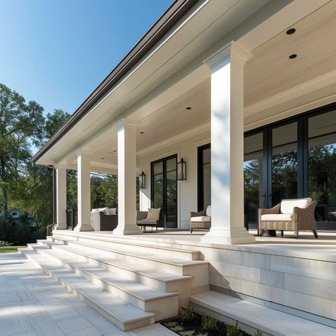 9+ Minimalist Front Porch Columns Ideas for a Clean Design • 333+ Inspiring Lifestyle Ideas Front House Pillars, White Columns Porch, White Brick Front Porch, Front Porch Column Ideas, Minimalist Front Porch, Contemporary Front Porch, Columns Ideas, House Pillars, Front Porch Posts