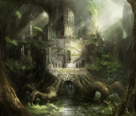 Forest Palace. Art by Mio Del Rosario. Elven City, Fantasy Cities, Fantasy Kingdom, Mystic Art, Alternate Worlds, Fantasy Stuff, Random Picture, Wacom Cintiq, Fantasy City