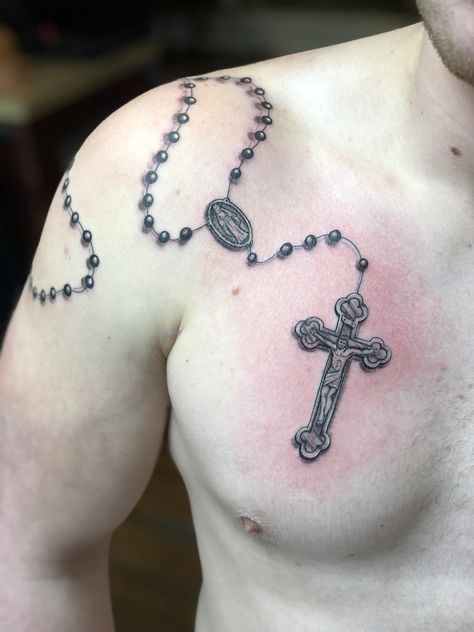 Rosary Necklace Tattoo, Illinois Tattoo, Roseary Tattoo, Rosary Tattoo On Hand, Money Bag Tattoo, Aztec Drawing, Rosary Tattoo, Heaven Tattoos, Bloomington Illinois