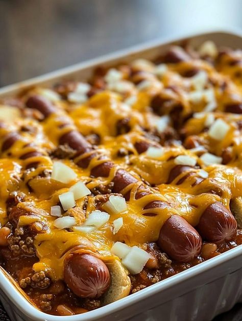 Chili Cheese Dog Casserole Tator Tot Chili Cheese Dog Casserole, Chili Dog Casserole With Biscuits, Chili Dog Casserole With Buns, Hot Dog And Bean Casserole, Hotdogs Casserole, Chili Cheese Hot Dog Casserole, Chili Hot Dog Casserole, Sides For Chili Dogs, Chilli Cheese Dog Casserole