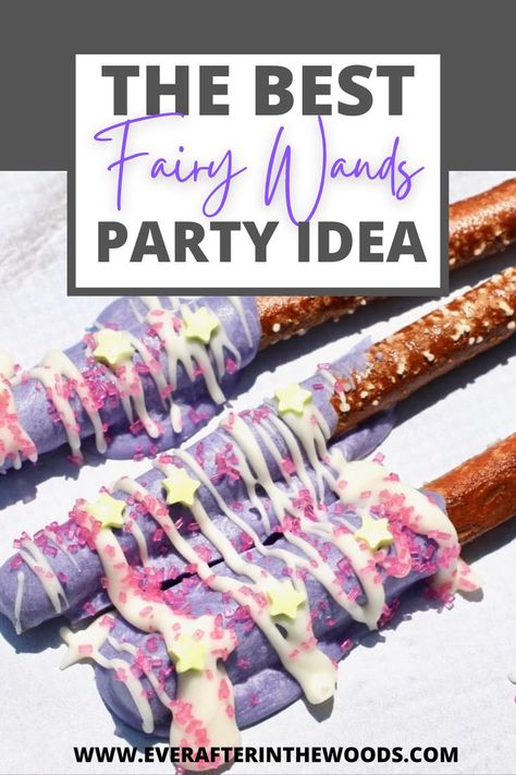 Adorable Fairy Wands Fairy Snacks, Melt Chocolate In Microwave, Covered Pretzel Rods, Forest Crafts, Camp Snacks, Chocolate Covered Pretzel, Fairy Theme Party, Chocolate Covered Pretzel Rods, Purple Chocolate