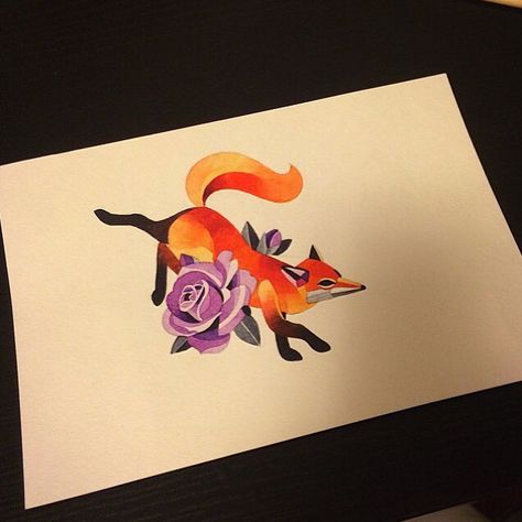 #FOX #rose #watercolor #sashaunisex Fox And Rose Tattoo, Fox Artwork, Petit Tattoo, Rose Watercolor, Tattoo Rose, D Tattoo, Fox Tattoo, Henna Tattoos, Drawing Stuff