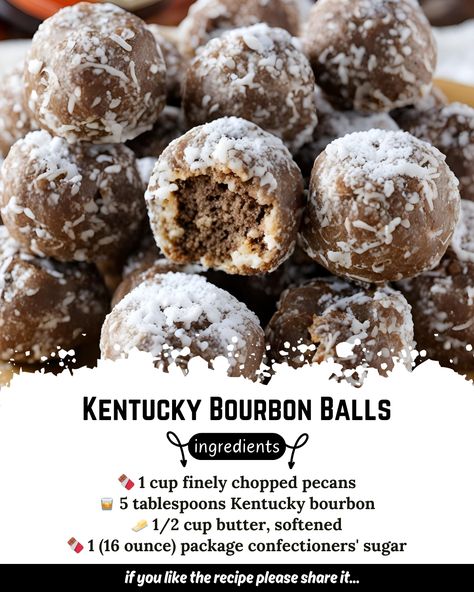 Here's the recipe for Kentucky Bourbon Balls: Ingredients: - 🍫 1 cup finely chopped pecans - 🥃 5 tablespoons Kentucky bourbon - 🧈 1/2 cup butter, softened - 🍫 1 (16 ounce) package confectioners' sugar - 🍫 18 ounces semisweet chocolate Directions: 1. Place the chopped pecans in a small bowl. Pour the bourbon over the pecans and let soak for at least 1 hour. 2. In a medium bowl, cream together the softened butter and confectioners' sugar until smooth. 3. Stir in the soaked pecans and bourbo... Chocolate Bourbon Balls Recipe, Chocolate Bourbon Balls, Kentucky Recipes, Bourbon Balls Recipe, Bourbon Balls, Chocolate Bourbon, Kentucky Bourbon, Balls Recipe, Small Bowl