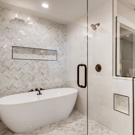 447 Likes, 40 Comments - PERKINS DEVELOPMENT (@thecouplethatflips) on Instagram: “It takes a special layout to fit a wet room in the master and we finally found the house perfect…” Bathroom With Grey Tiles, Bathroom Ideas Marble, Herringbone Accent Wall, Marble Herringbone, Accent Backsplash, White Marble Tiles, White Subway Tiles, Wet Room, Small Bathroom Makeover