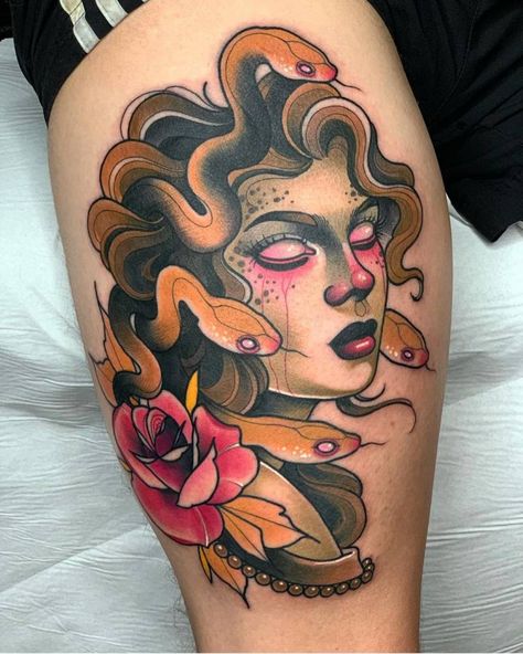 Neotraditional Medusa portrait tattoo on the thigh Medusa Portrait Tattoo, Tattoo On The Thigh, Medusa Portrait, Greek Mythology Medusa, Medusa Tattoos, Mythology Medusa, Traditional Tattoo Woman, Tattoos And Their Meanings, Tattoo Pierna