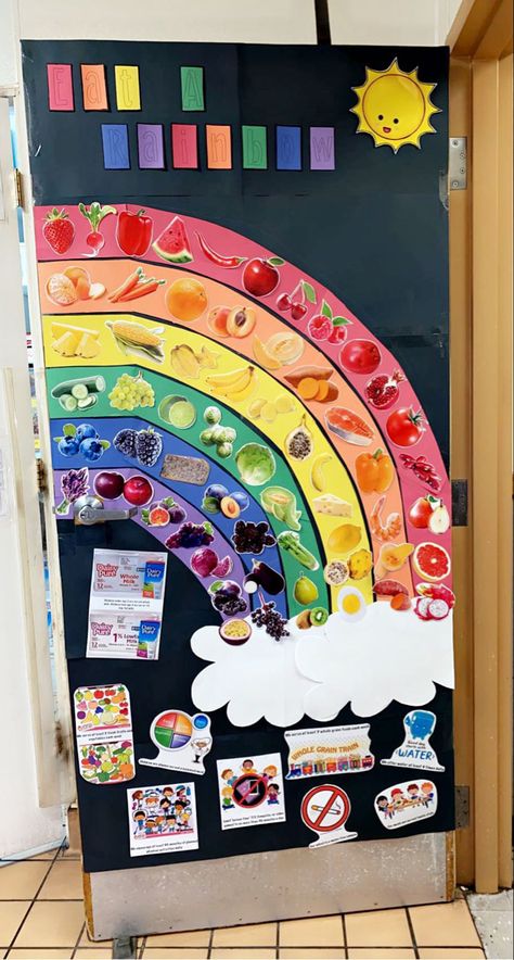 Eat A Rainbow Bulletin Board, Food Art Kindergarten, Healthy Eating Bulletin Board, Fruit Bulletin Board, Nutrition Activities For Preschoolers, Food And Nutrition Activities, Daycare Kitchen, Healthy Food Activities For Preschool, Eat A Rainbow