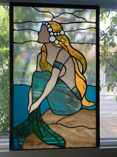 Mermaid Stained Glass Window, Mermaid Stained Glass Art, Mermaid Glass Art, Mermaid Stained Glass Pattern, Ocean Stained Glass Patterns, Stained Glass Beach, Stained Glass Mermaid, Painted Window Art, Diy Stained Glass Window