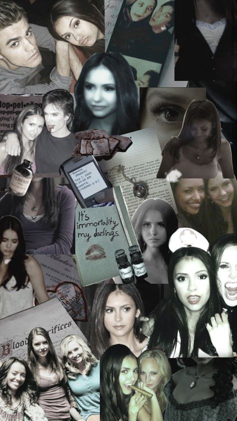 Vampire Diaries Phone Wallpaper, The Vampire Diaries Wallpaper, Tvd Aesthetic Pictures For Wall Collage, Katherine + Core + Aesthetic, Tvd Collage, Movie Posters The Vampire Diaries, Vampire Diaries Collage Wallpaper, Lana Del Rey Art, Pink Wallpaper Hello Kitty