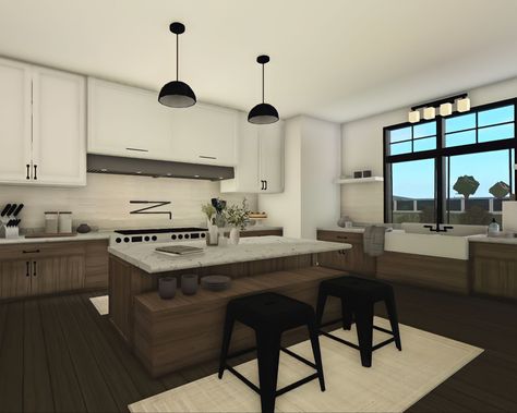 Rustic Bloxburg House Interior, Room Inspo Bloxburg, Kitchen Ideas Yellow, Bloxburg House Ideas Minimalist, Suburban Kitchen, Bloxburg Kitchen Ideas, Bloxburg Interior, Roblox House, Blocksburg Room Ideas￼