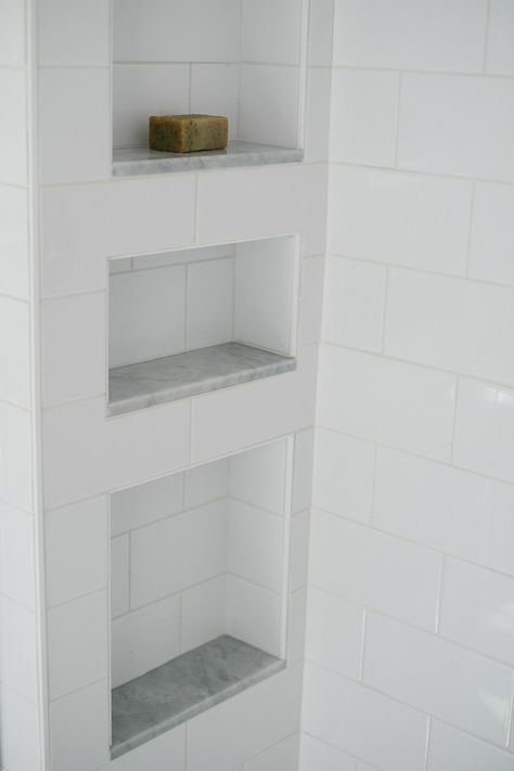 Schluter Tile Edge Shower Niche, Bullnose Tile Trim Shower Niche, Shower Niche Schluter Edge, Shower Niche With Bullnose Trim, Shower Niche With Marble Shelf, 3 Niche In Shower Wall, Shower Niche Schluter, Shower Pencil Trim, White Schluter Tile Edge Showers