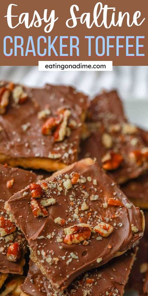 Saltine Cracker Toffee is quick and easy to make but tastes like it took all day to create. The saltine cracker melts into the caramel making it the best sweet and salty treat. Add your favorite toppings with melted chocolate for an amazing dessert. Simple ingredients makes this the best holiday treat. #eatingonadime #saltinecrackertoffeerecipe #toffee Cracker Toffee Recipe, Ritz Cracker Toffee, Graham Cracker Toffee, Saltine Cracker Toffee, Aka Christmas, Saltine Cracker, Saltine Toffee, Cracker Candy, Eating On A Dime